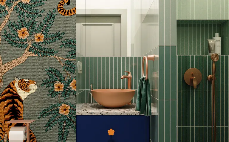 Nowoczesna łazienka z zielonymi płytkami i miedzią, w stylu dopamine decor i eklektycznym.