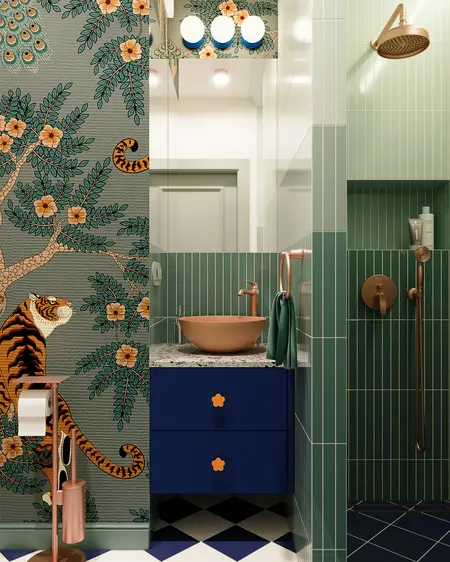 Nowoczesna łazienka z zielonymi płytkami i miedzią, w stylu dopamine decor i eklektycznym.