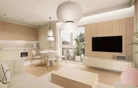 Wnętrze kuchni w stylu japandi i minimalistycznym z drewnem i nowoczesnymi lampami.