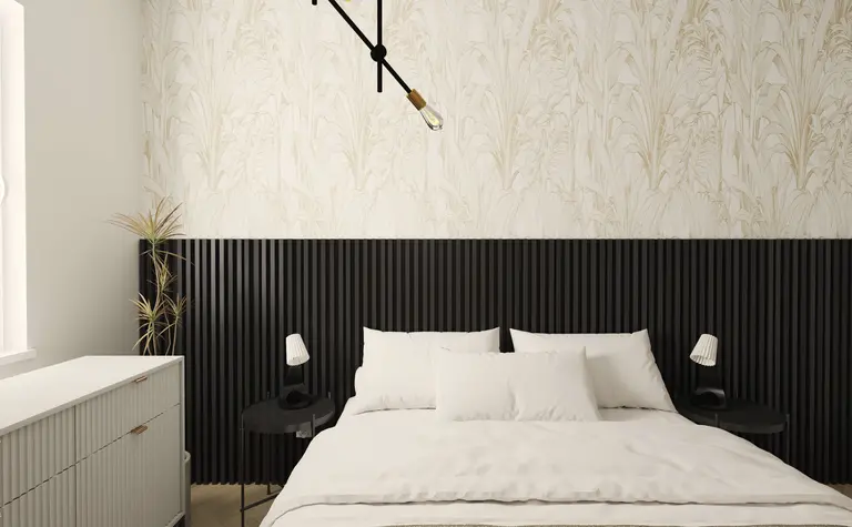Sypialnia z boho, eklektycznym i minimalistycznym stylem, czarnym zagłówkiem, białą pościelą