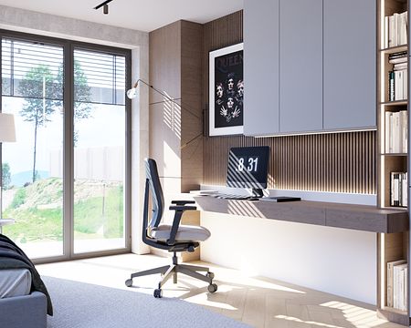 Wnętrze gabinetu w stylu minimalistycznym z nowoczesnym biurkiem i soft minimalizmem.