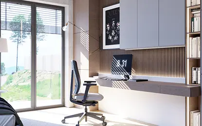 Wnętrze gabinetu w stylu minimalistycznym z nowoczesnym biurkiem i soft minimalizmem.