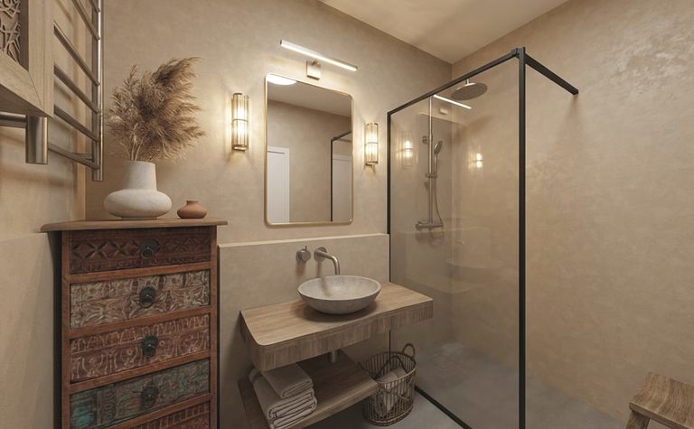 Nowoczesna łazienka w stylu boho, japandi i minimalistycznym z drewnianymi detalami