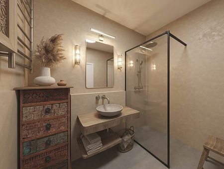 Nowoczesna łazienka w stylu boho, japandi i minimalistycznym z drewnianymi detalami