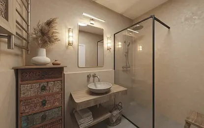 Nowoczesna łazienka w stylu boho, japandi i minimalistycznym z drewnianymi detalami