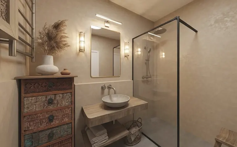 Nowoczesna łazienka w stylu boho, japandi i minimalistycznym z drewnianymi detalami