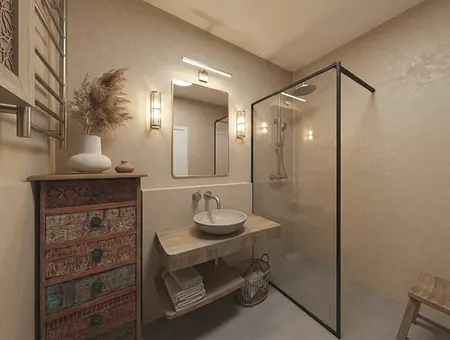 Nowoczesna łazienka w stylu boho, japandi i minimalistycznym z drewnianymi detalami