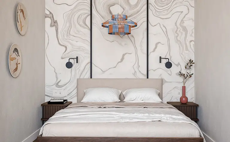 Sypialnia z łóżkiem, minimalistycznym oświetleniem i ścianą w stylu art deco
