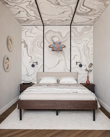 Sypialnia z łóżkiem, minimalistycznym oświetleniem i ścianą w stylu art deco