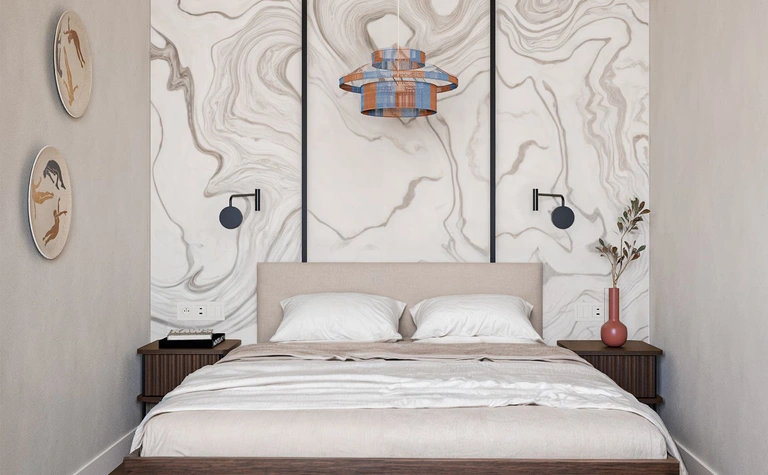 Sypialnia z łóżkiem, minimalistycznym oświetleniem i ścianą w stylu art deco