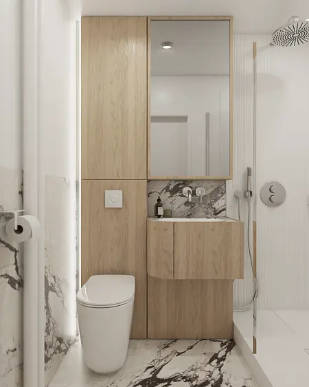 Minimalistyczna łazienka w stylu soft minimalizm z drewnem i marmurem
