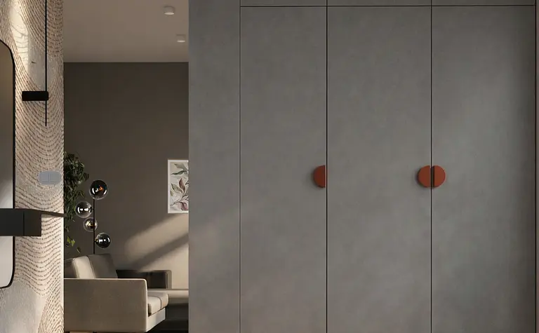 Wnętrze przedpokoju w stylu dopamine decor z minimalistycznym designem.