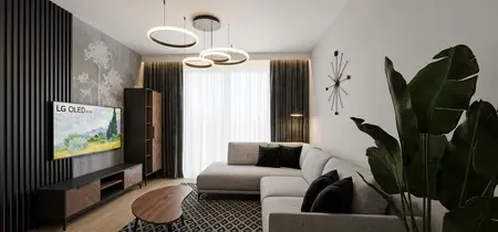 Salon w stylu współczesnym, nowoczesnym i tradycyjnym z szarą sofą, telewizorem LG OLED i drewnianą szafką