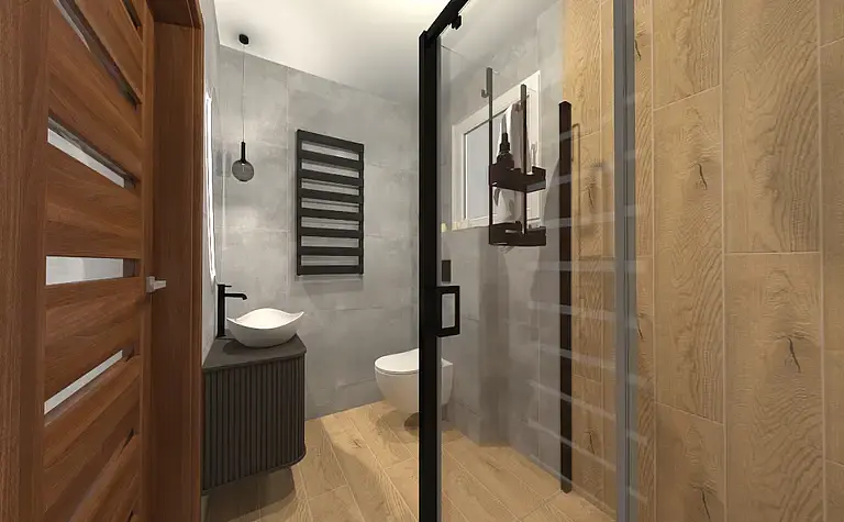 Wnętrze salonu w stylu eklektycznym z szarym narożnikiem i drewnianymi detalami.