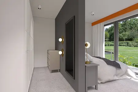 Sypialnia w stylu minimalistycznym z szarymi ścianami, białymi meblami i dużymi oknami.