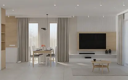 Wnętrze salonu w stylu japandi, minimalistycznym i nowoczesnym z jasnymi zasłonami.