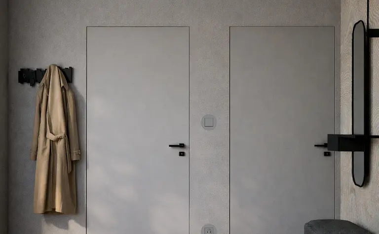 Przedpokój w stylu dopamine decor z minimalistycznymi elementami i nowoczesnymi akcentami.
