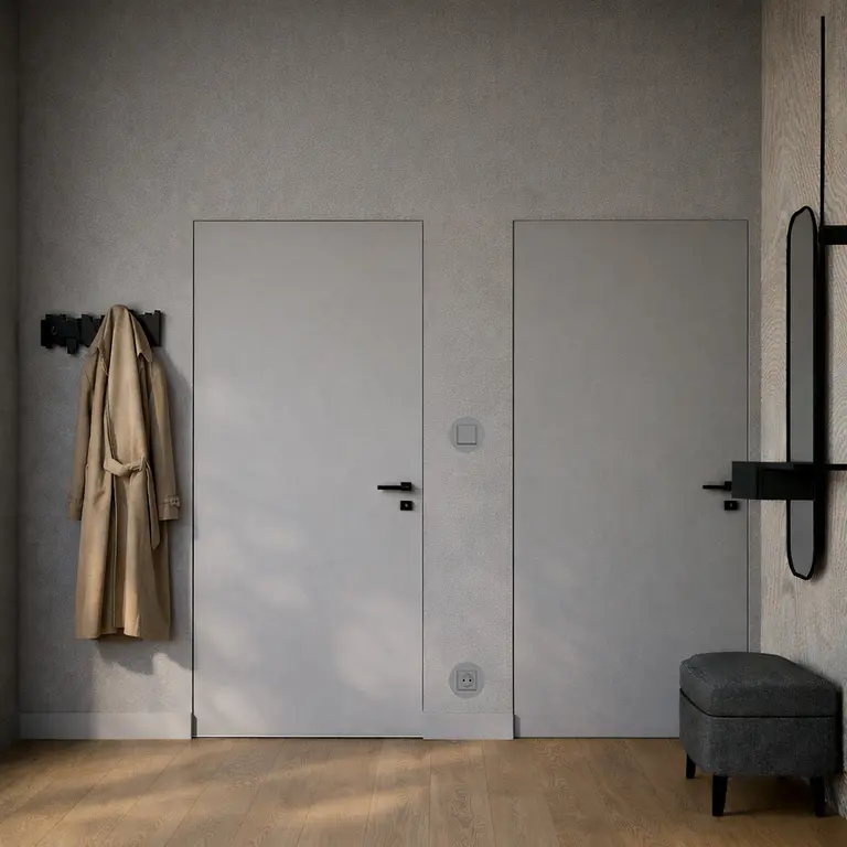 Przedpokój w stylu dopamine decor z minimalistycznymi elementami i nowoczesnymi akcentami.