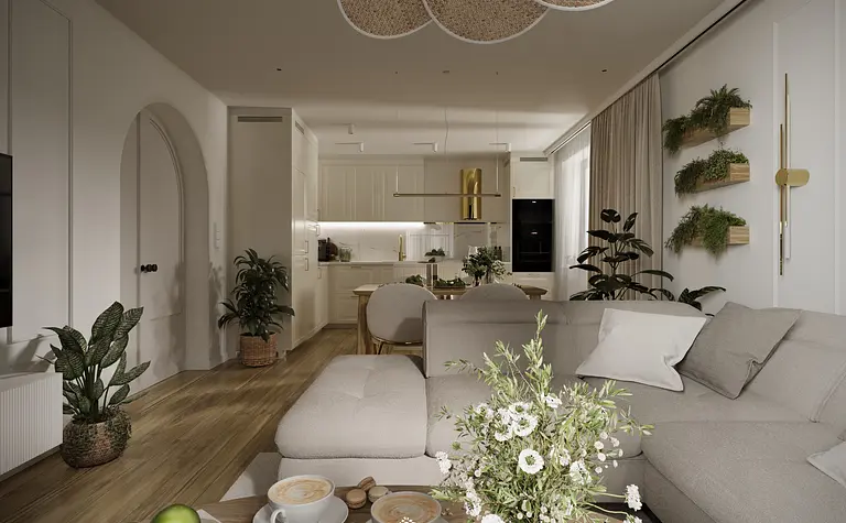 Nowoczesny salon w stylu boho i japandi z roślinami