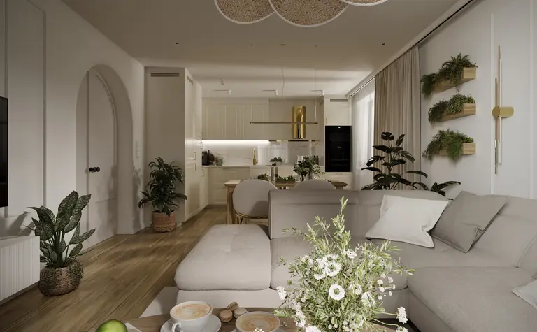 Nowoczesny salon w stylu boho i japandi z roślinami