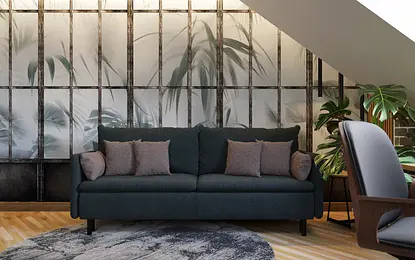 Wnętrze poddasza z zieloną sofą, roślinami oraz minimalistycznym designem.