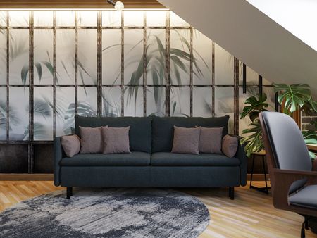 Wnętrze poddasza z zieloną sofą, roślinami oraz minimalistycznym designem.