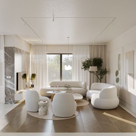 Wnętrze salonu w stylu glamour i minimalistycznym z jasnymi meblami i drewnianą podłogą.