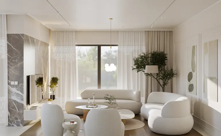 Wnętrze salonu w stylu glamour i minimalistycznym z jasnymi meblami i drewnianą podłogą.