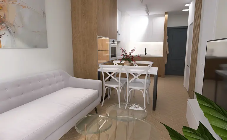 Wnętrze kuchni z minimalistycznym designem, drewnianymi meblami i nowoczesnymi akcentami.