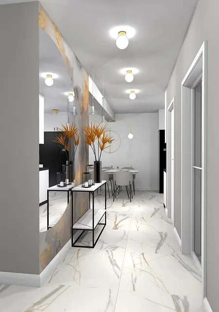 Wnętrze z elementami art deco, glamour i japandi, nowoczesny design.