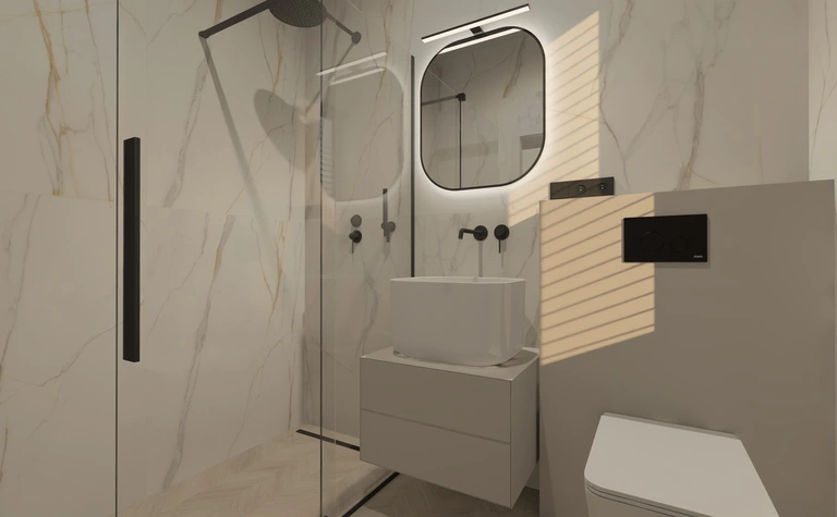 Nowoczesna łazienka z minimalistycznym designem i białą umywalką.
