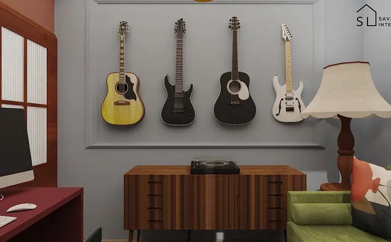 Wnętrze z gitarami na ścianie i nowoczesnym stolikiem w minimalistycznym stylu.