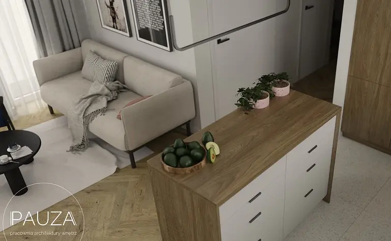 Nowoczesne wnętrze z beżową sofą i drewnianym stołem, styl vintage i współczesny.