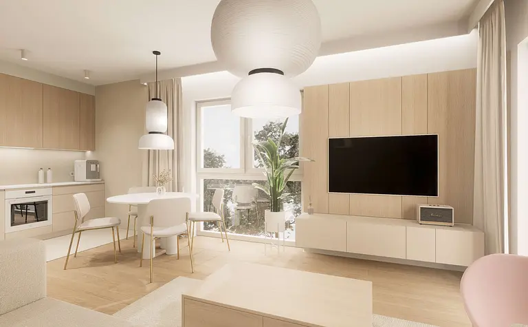Wnętrze kuchni w stylu japandi z minimalistycznymi meblami i elementami quiet luxury.