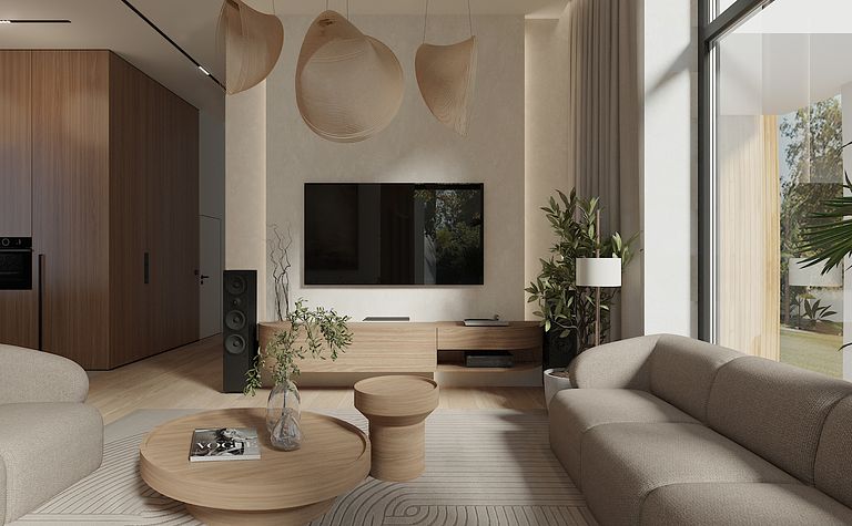 Wnętrze salonu w stylu boho i japandi z jasnymi meblami i roślinami