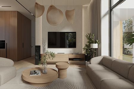 Wnętrze salonu w stylu boho i japandi z jasnymi meblami i roślinami