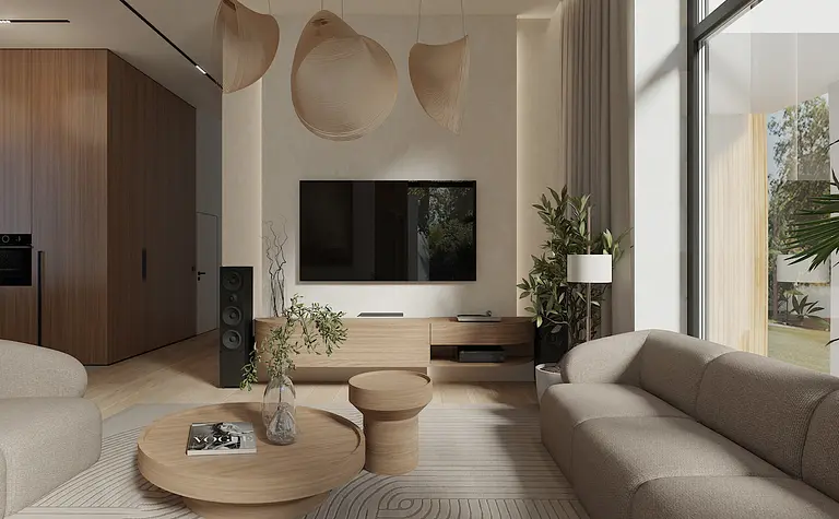 Wnętrze salonu w stylu boho i japandi z jasnymi meblami i roślinami