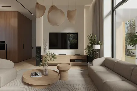 Wnętrze salonu w stylu boho i japandi z jasnymi meblami i roślinami