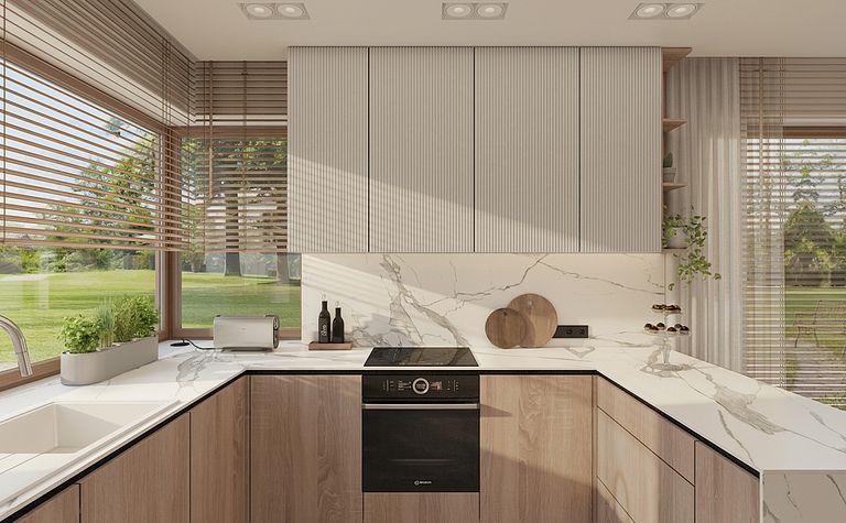 Kuchnia minimalistyczna z drewnianymi akcentami i elementami minimaluxe.