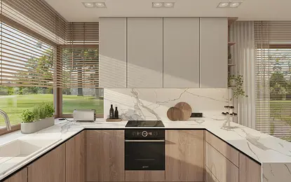 Kuchnia minimalistyczna z drewnianymi akcentami i elementami minimaluxe.