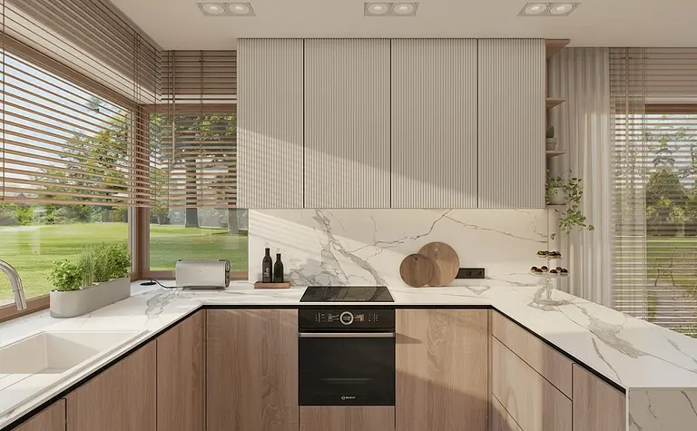 Kuchnia minimalistyczna z drewnianymi akcentami i elementami minimaluxe.