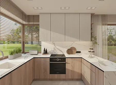 Kuchnia minimalistyczna z drewnianymi akcentami i elementami minimaluxe.