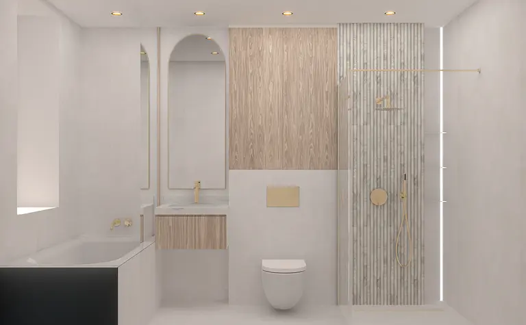 Nowoczesna łazienka w stylu japandi i minimalistycznym z drewnem
