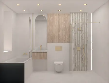 Nowoczesna łazienka w stylu japandi i minimalistycznym z drewnem