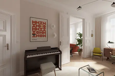 Wnętrze eklektyczne z pianinem, rośliną i biurkiem.