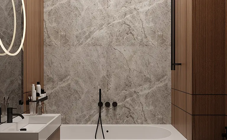 Wnętrze łazienki z minimalistycznym designem, quiet luxury i współczesnymi elementami.