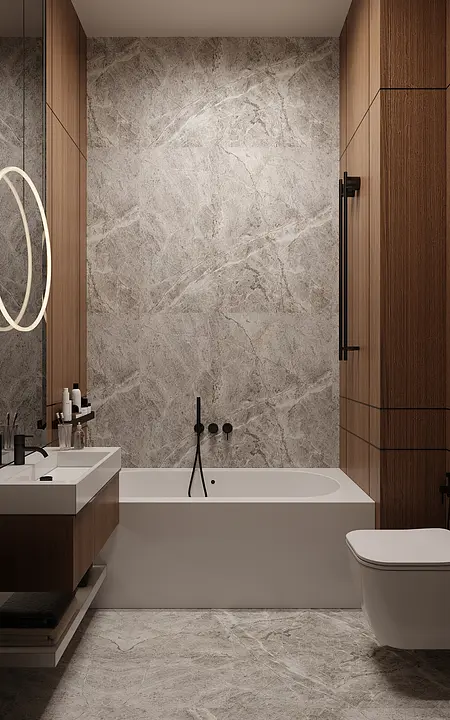 Wnętrze łazienki z minimalistycznym designem, quiet luxury i współczesnymi elementami.