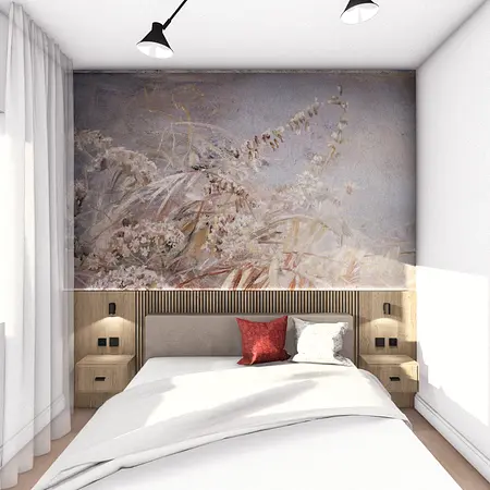 Wnętrze sypialni z minimalistycznym designem, industrialnym akcentem i nowoczesnym oświetleniem.