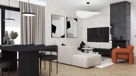 Wnętrze salonu w stylu industrialnym, minimalistycznym i skandynawskim, z czarnymi meblami.