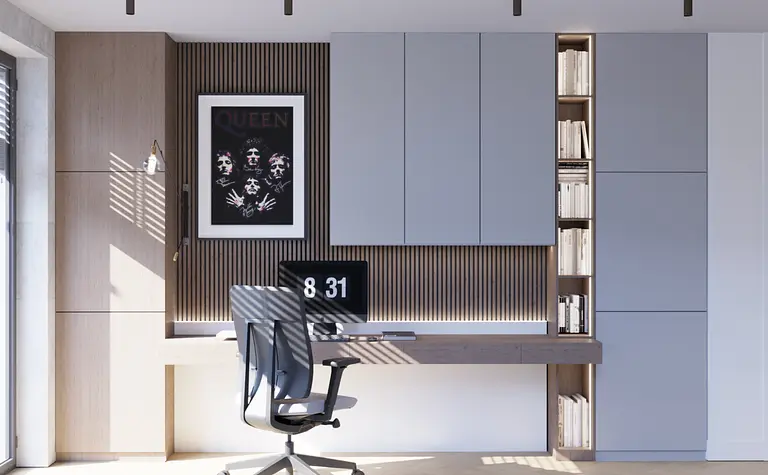 Gabinet w stylu minimalistycznym z nowoczesnymi meblami, soft minimalizm, współczesny wystrój.